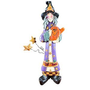 Wood Carved Halloween Witch Pumpkin Purple dress Yellow Stars Black Hat Figurine